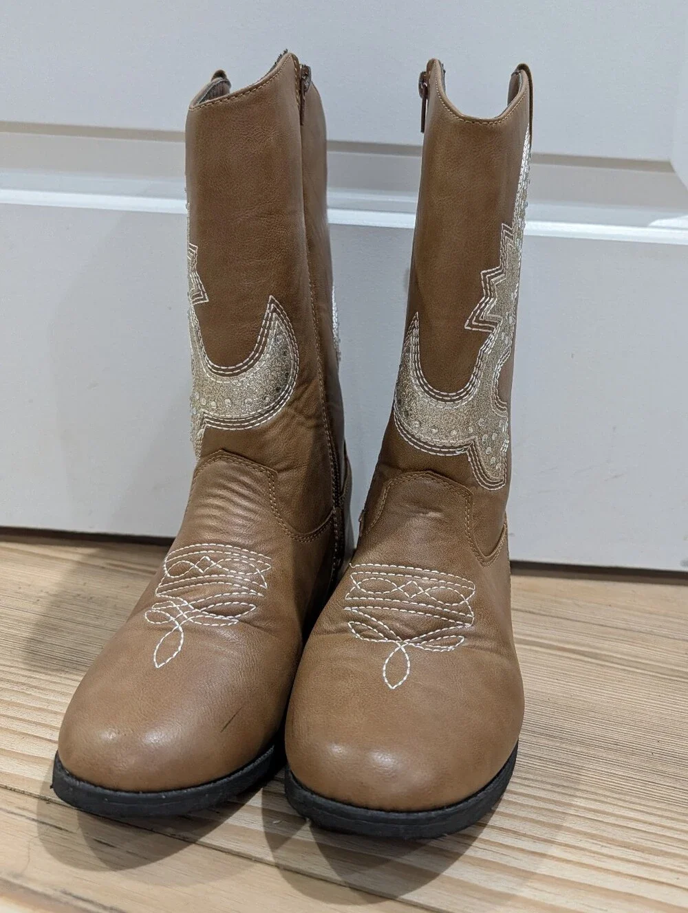 Kensie Girl Tan Boots with Gold Glitter Western Stitch‎
